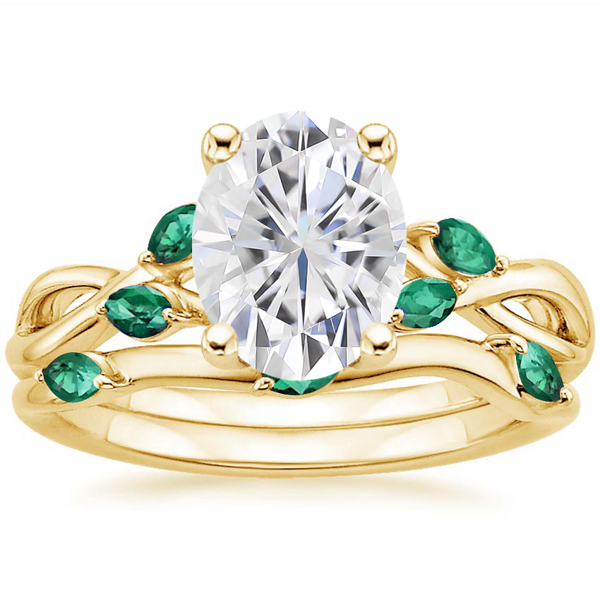 18KY Moissanite Willow Bridal Set With Lab Emerald Accents, top view