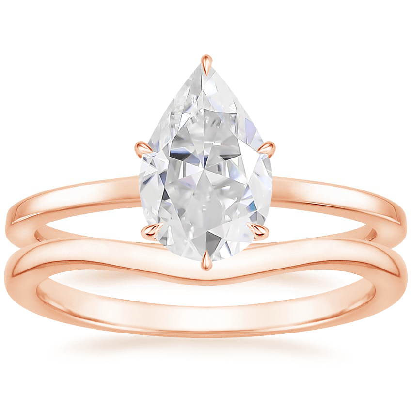 14K Rose Gold Secret Halo Six-Prong Diamond Ring with Petite Curved Wedding Ring