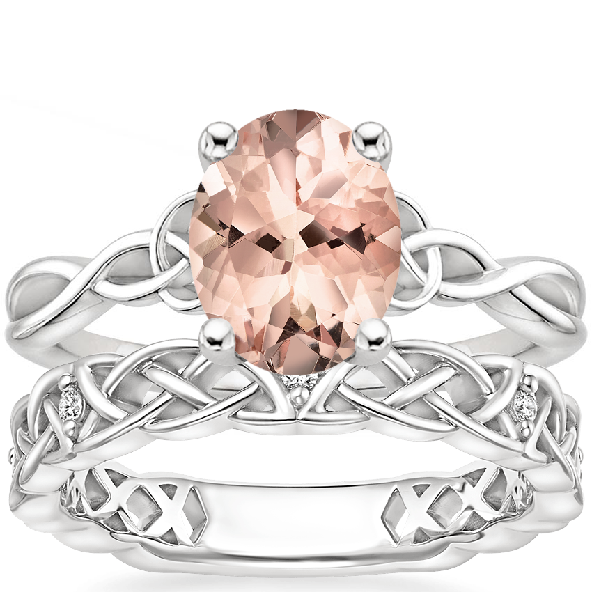 18KW Morganite Entwined Celtic Love Knot Ring with Celtic Knot Diamond Ring, top view