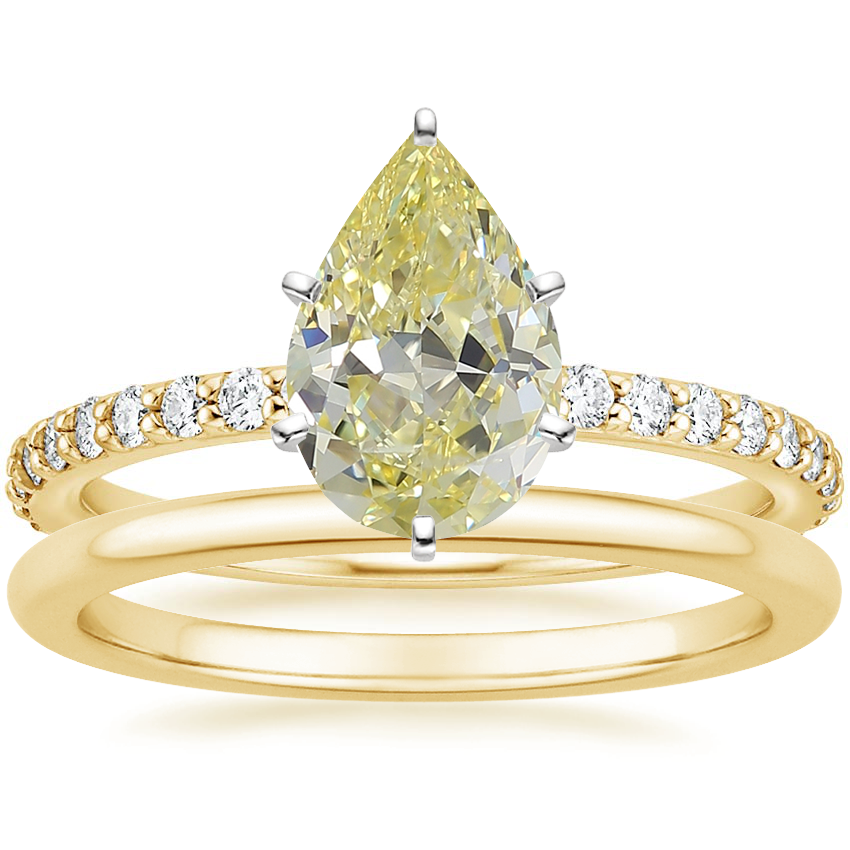 18K Yellow Gold Luxe Petite Shared Prong Diamond Ring with Petite Comfort Fit Wedding Ring