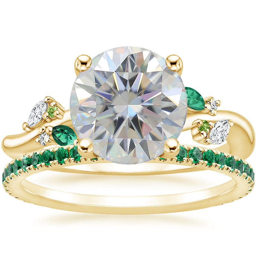 18K Yellow Gold Arden Diamond Ring with Lab Emerald Accents with Luxe Ballad Emerald Ring