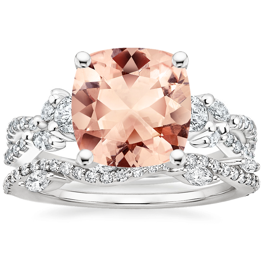 18KW Morganite Three Stone Luxe Willow Diamond Ring with Luxe Winding Willow Diamond Ring, top view