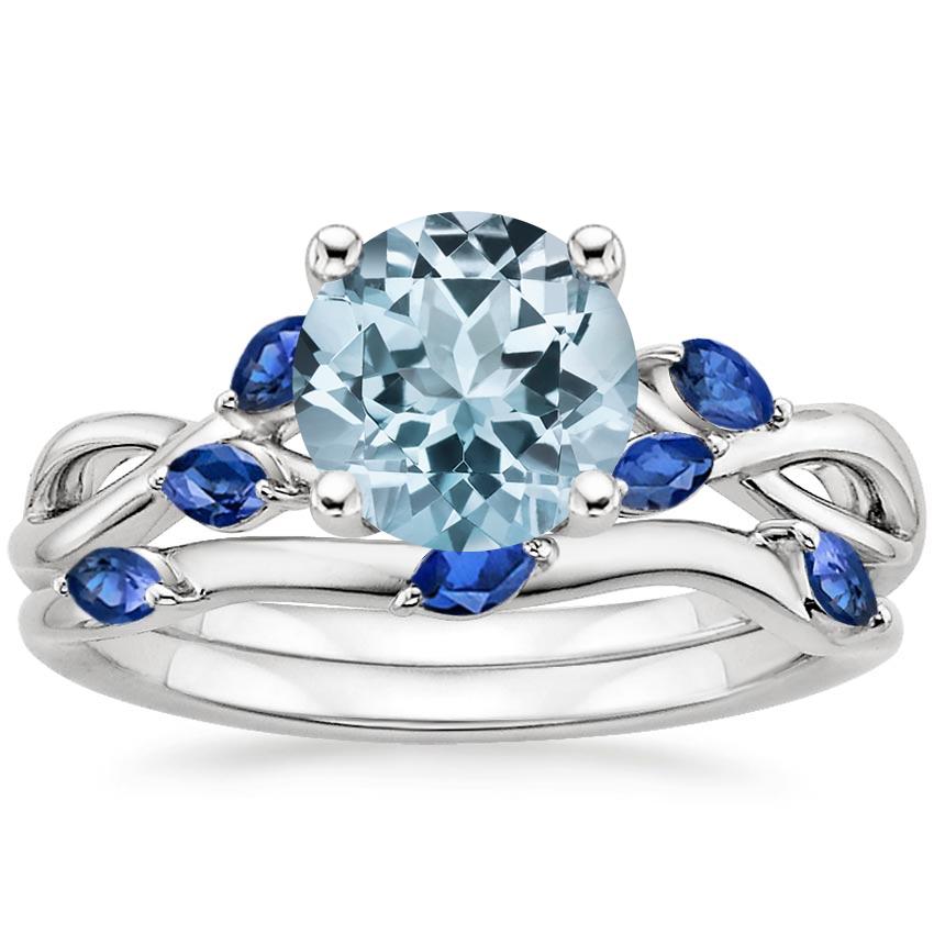 18KW Aquamarine Willow Bridal Set With Sapphire Accents, top view