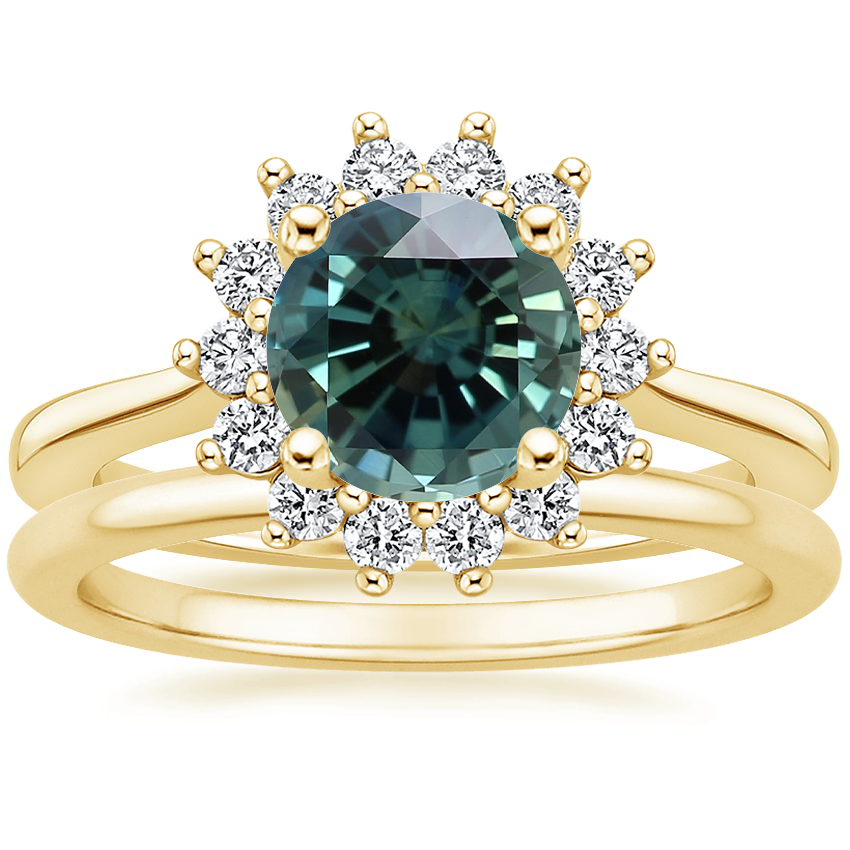 18K Yellow Gold Sunburst Diamond Ring (1/4 ct. tw.) with Petite Comfort Fit Wedding Ring