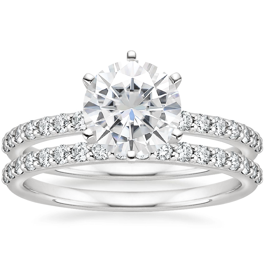 18KW Moissanite Six Prong Petite Shared Prong Diamond Bridal Set, top view