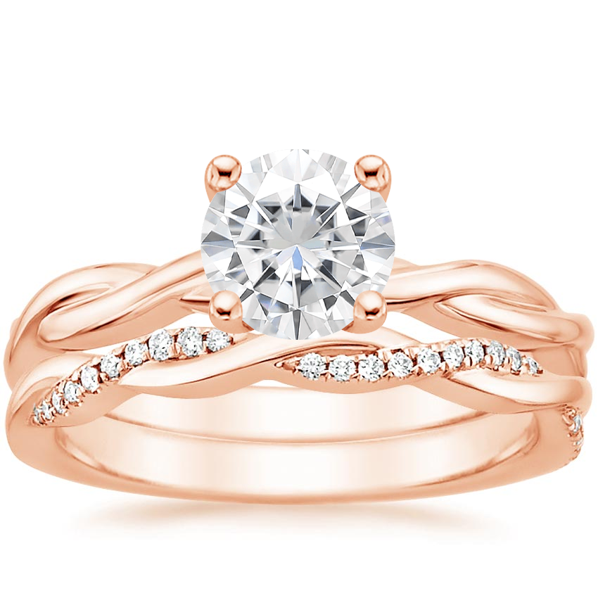 14KR Moissanite Twisted Vine Ring with Petite Twisted Vine Diamond Ring (1/8 ct. tw.), top view
