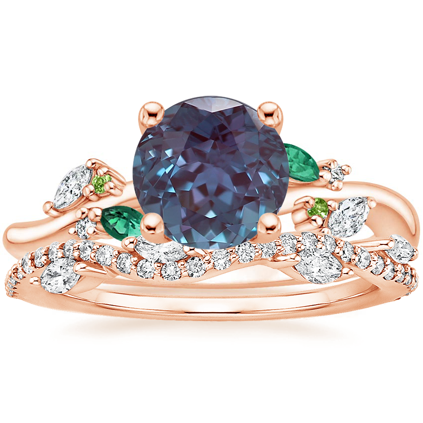 14K Rose Gold Arden Diamond Ring with Lab Emerald Accents with Luxe Winding Willow Diamond Ring (1/4 ct. tw.)