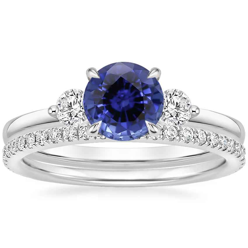 18KW Sapphire Perfect Fit Three Stone Diamond Ring with Luxe Ballad Diamond Ring, top view