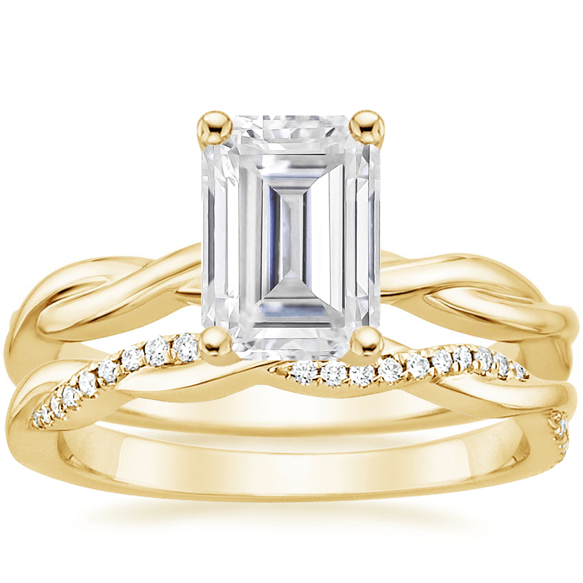 18KY Moissanite Twisted Vine Ring with Petite Twisted Vine Diamond Ring (1/8 ct. tw.), top view
