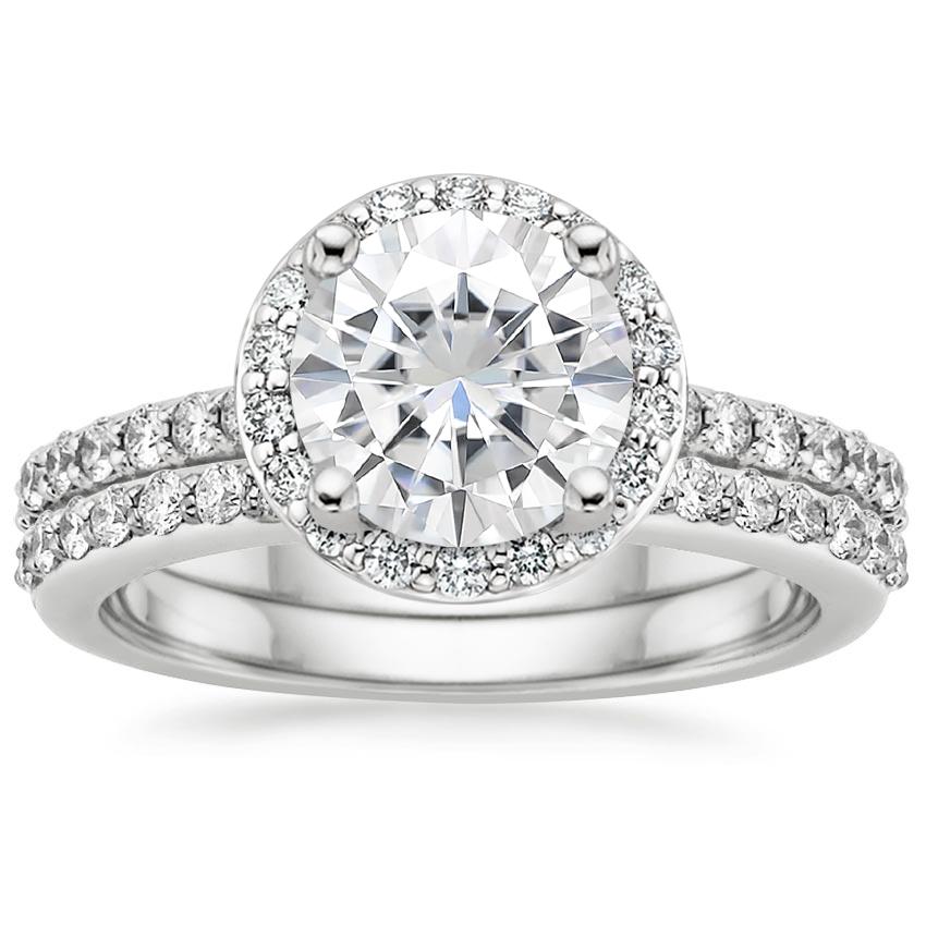 18KW Moissanite Halo Diamond Ring with Side Stones (1/3 ct. tw.) with Petite Shared Prong Diamond Ring (1/4 ct. tw.), top view
