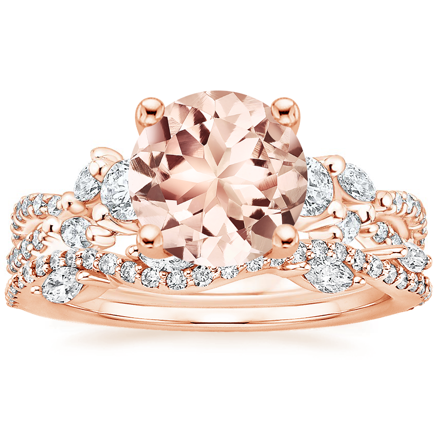 14KR Morganite Three Stone Luxe Willow Diamond Ring with Luxe Winding Willow Diamond Ring, top view