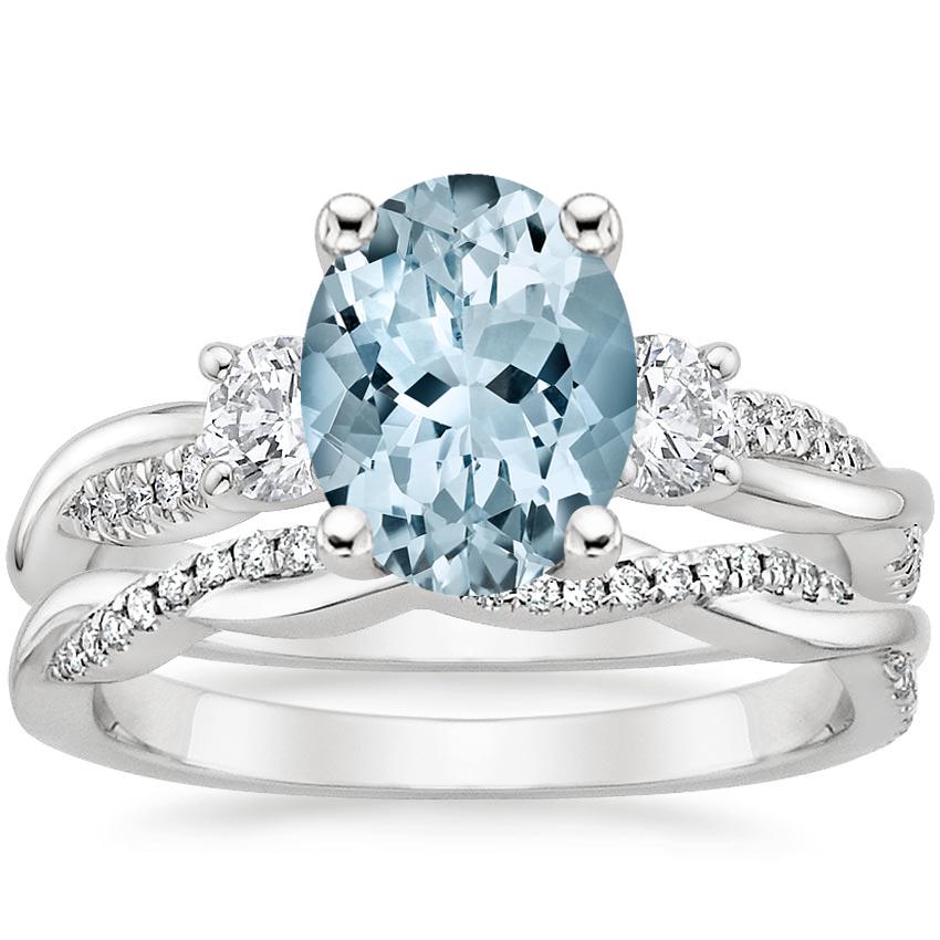 18KW Aquamarine Three Stone Petite Twisted Vine Diamond Bridal Set (1/2 ct. tw.), top view