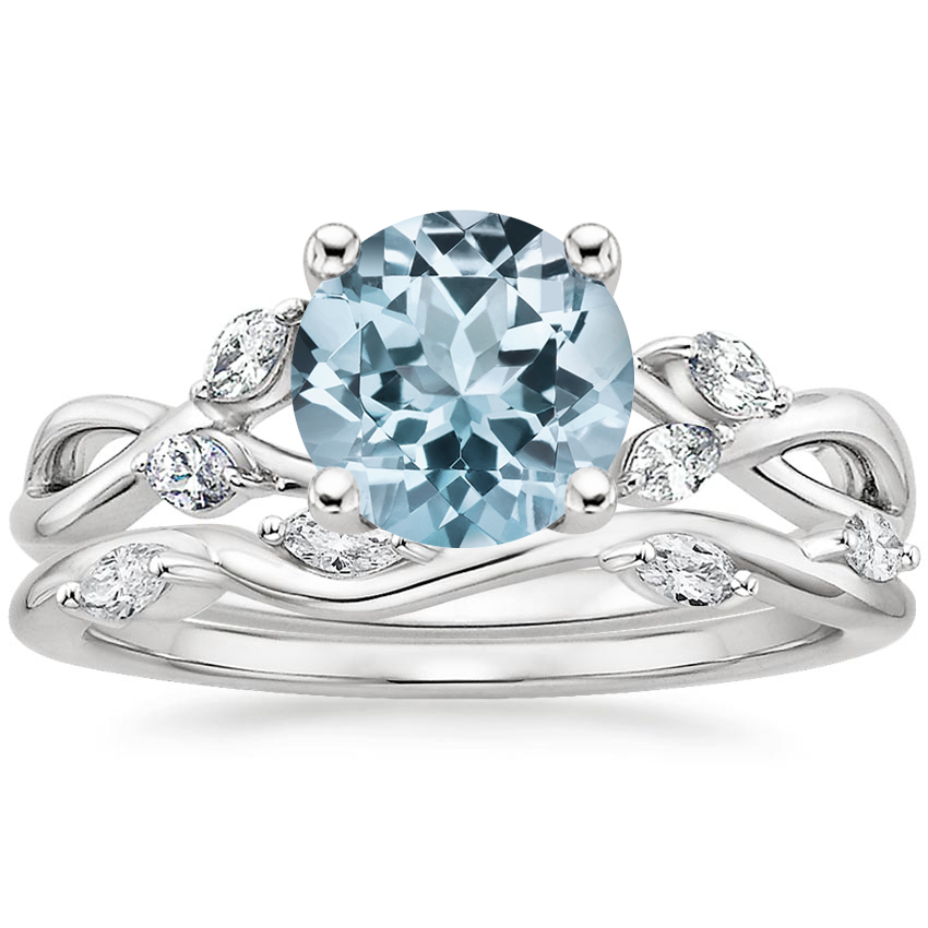 18KW Aquamarine Willow Diamond Ring (1/8 ct. tw.) with Winding Willow Diamond Ring (1/8 ct. tw.), top view