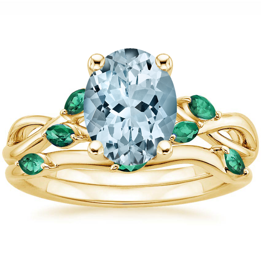 18KY Aquamarine Willow Bridal Set With Lab Emerald Accents, top view