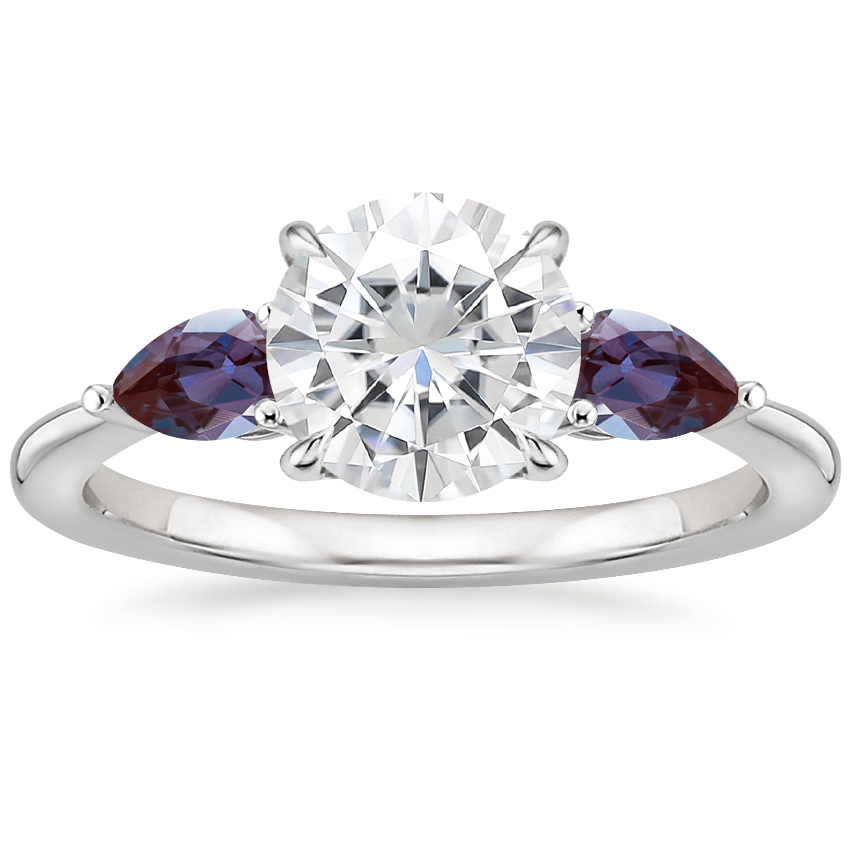 Moissanite Opera Ring with Lab Alexandrite Accents in 18K White Gold