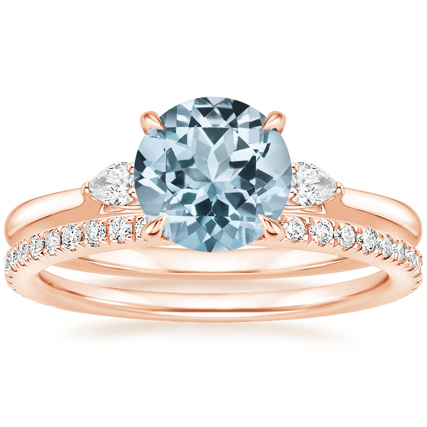 14KR Aquamarine Perfect Fit Three Stone Pear Diamond Ring with Luxe Ballad Diamond Ring, top view