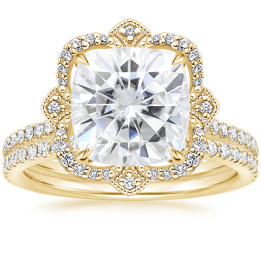 18KY Moissanite Reina Diamond Ring with Luxe Ballad Diamond Ring (1/4 ct. tw.), top view