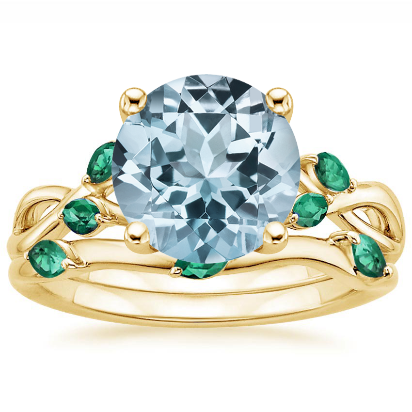 18KY Aquamarine Willow Bridal Set With Lab Emerald Accents, top view