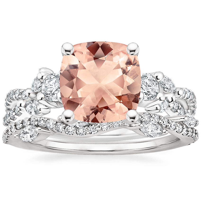 18KW Morganite Three Stone Luxe Willow Diamond Ring with Luxe Winding Willow Diamond Ring, top view