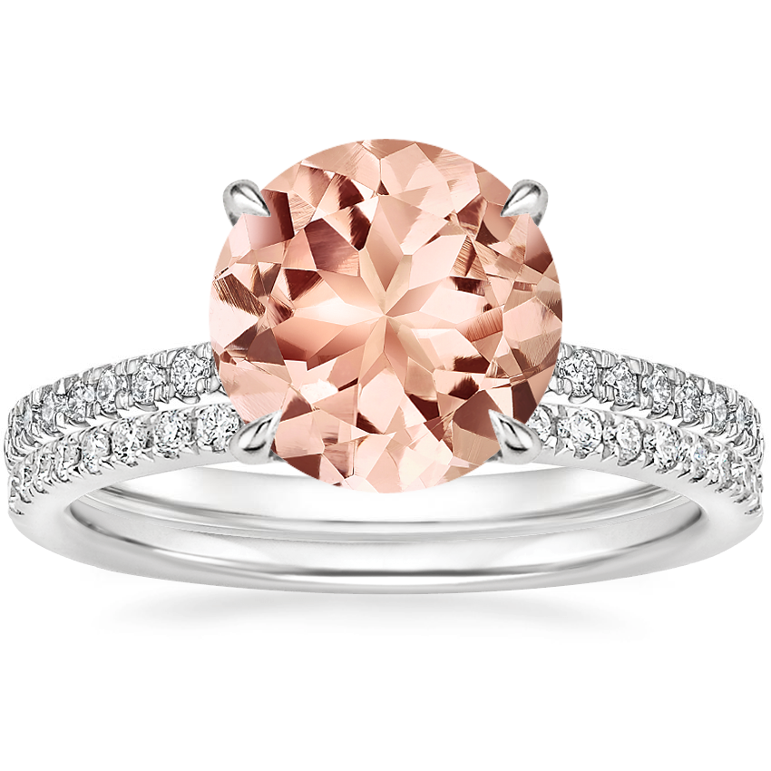 18KW Morganite Petite Demi Diamond Ring with Ballad Diamond Ring, top view