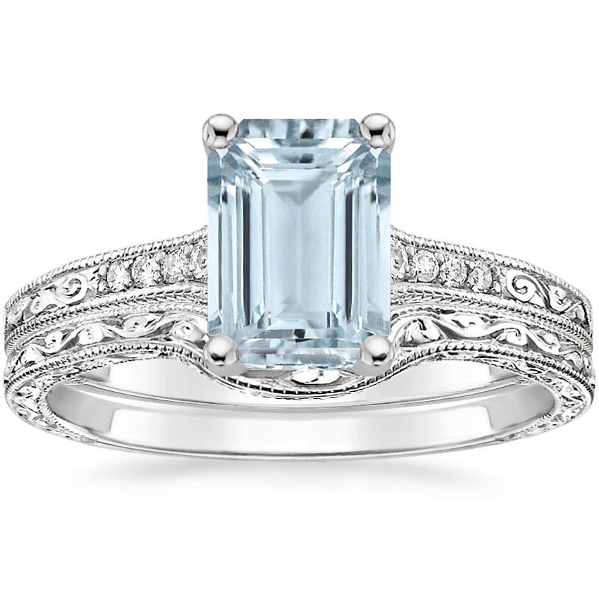 PT Aquamarine Contoured Luxe Hudson Diamond Bridal Set, top view