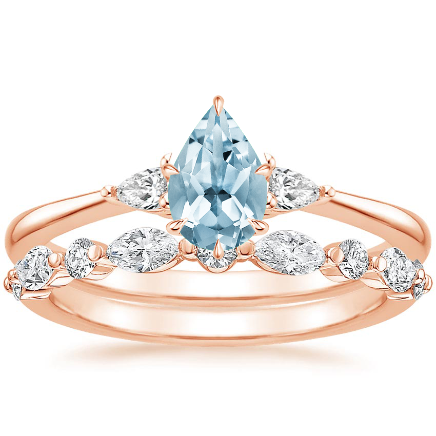 14KR Aquamarine Aria Diamond Ring (1/10 ct. tw.) with Versailles Diamond Ring (3/8 ct. tw.), top view