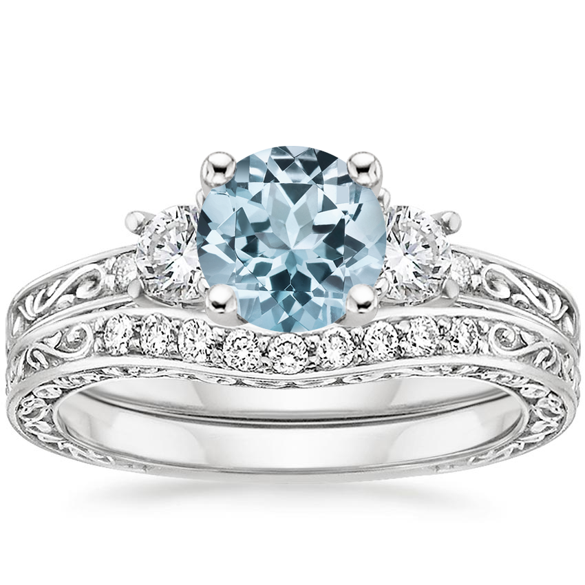 18KW Aquamarine Antique Scroll Three Stone Trellis Diamond Bridal Set, top view