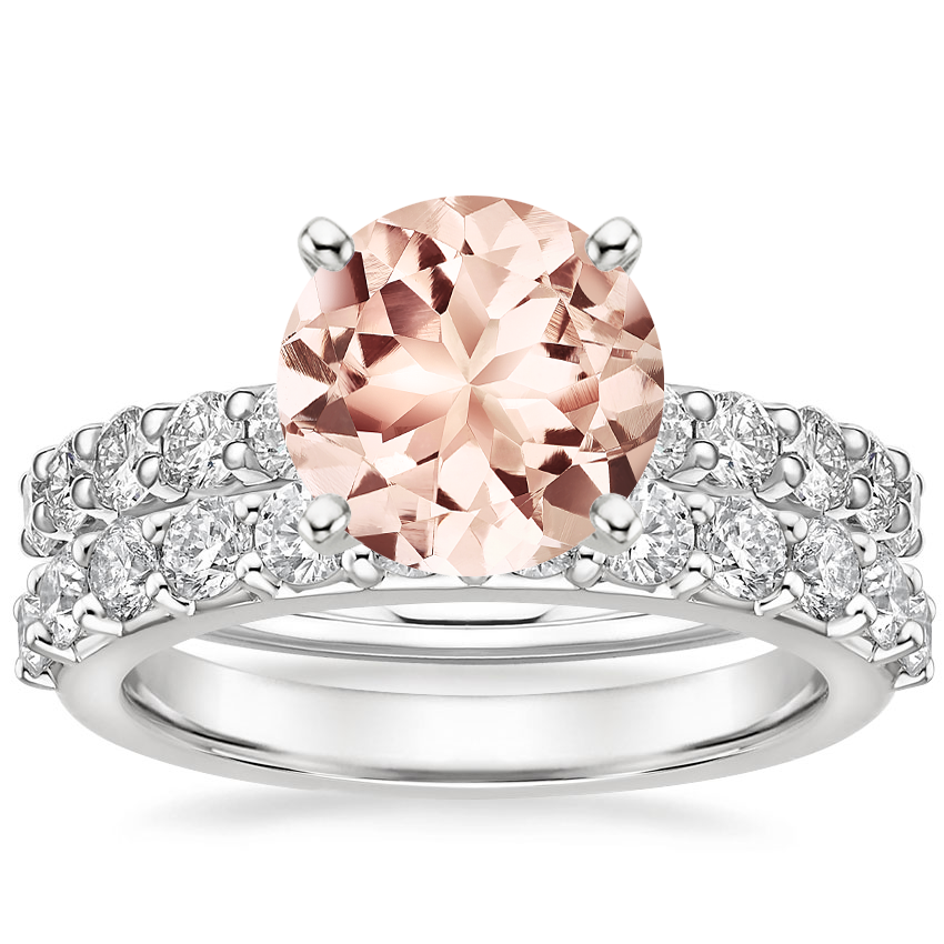 18KW Morganite Luxe Shared Prong Diamond Ring with Petite Shared Prong Diamond Ring, top view