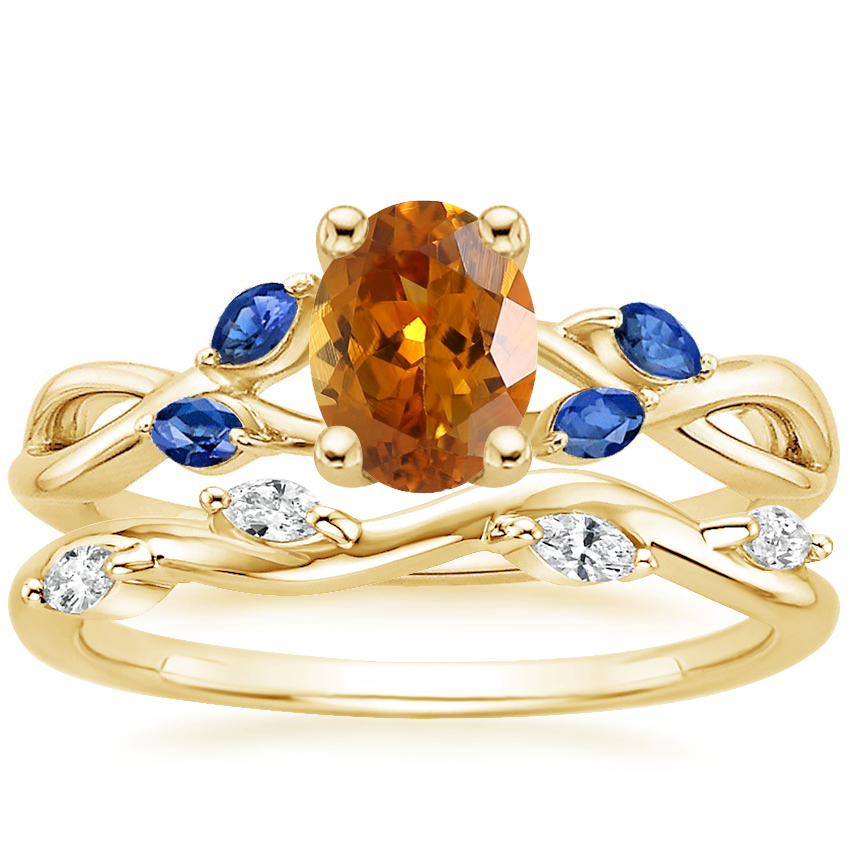 18K Yellow Gold Willow Ring With Sapphire Accents with Winding Willow Diamond Ring (1/8 ct. tw.)