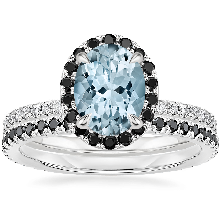 18KW Aquamarine Waverly Diamond Ring with Black Diamond Accents with Luxe Ballad Black Diamond Ring, top view