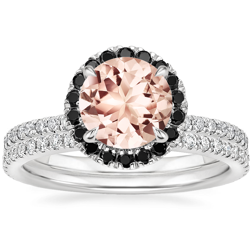 18KW Morganite Waverly Diamond Ring with Black Diamond Accents with Luxe Ballad Diamond Ring, top view