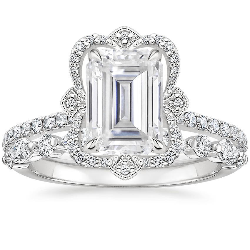 18KW Moissanite Reina Diamond Ring with Versailles Diamond Ring (3/8 ct. tw.), top view