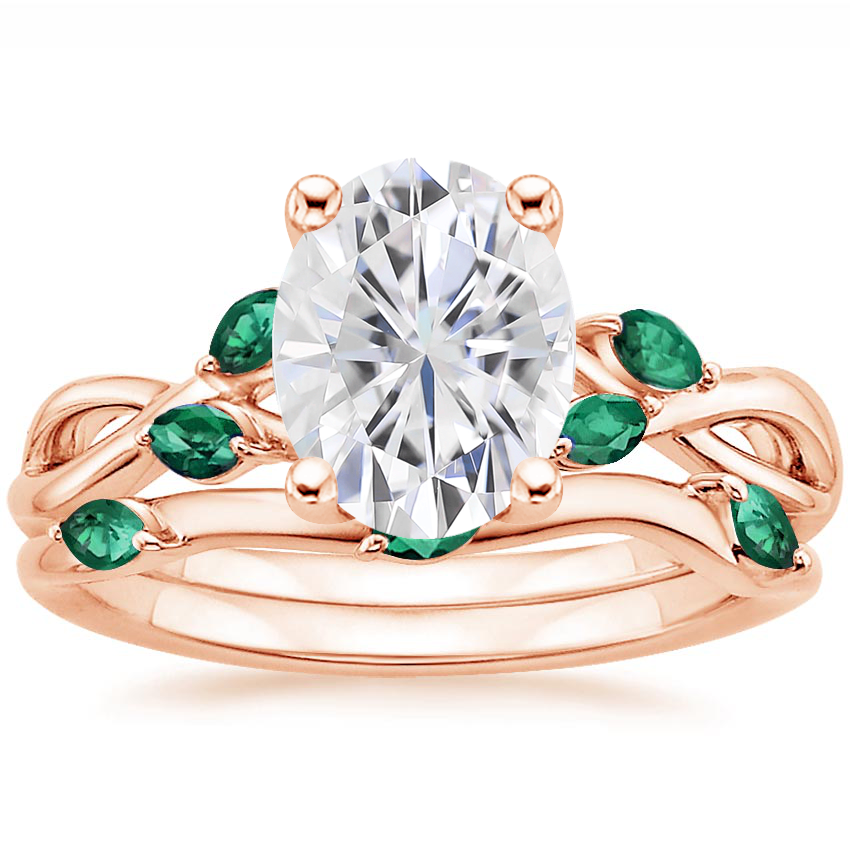 14KR Moissanite Willow Bridal Set With Lab Emerald Accents, top view