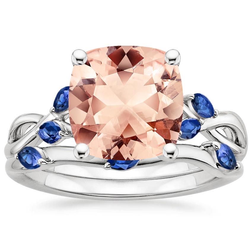 18KW Morganite Willow Bridal Set With Sapphire Accents, top view