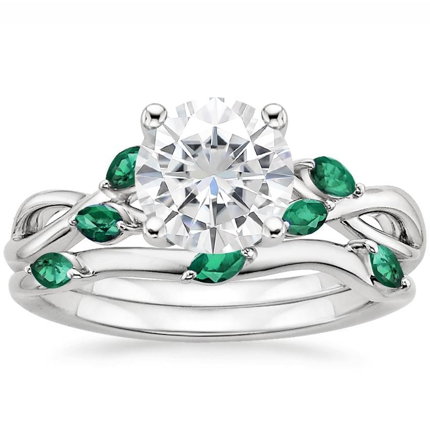 18KW Moissanite Willow Bridal Set With Lab Emerald Accents, top view