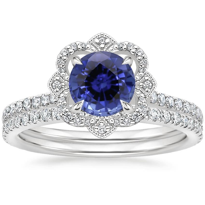 18KW Sapphire Reina Diamond Ring with Luxe Ballad Diamond Ring (1/4 ct. tw.), top view