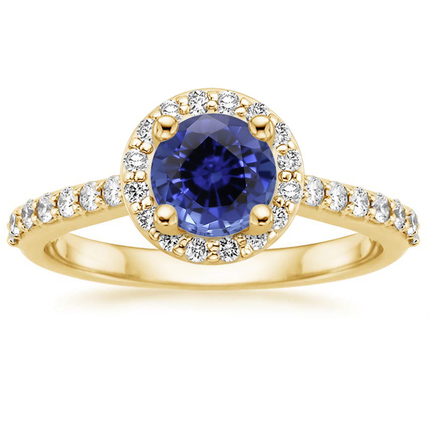Yellow Gold Sapphire Halo Diamond Ring with Side Stones (1/3 ct. tw.)