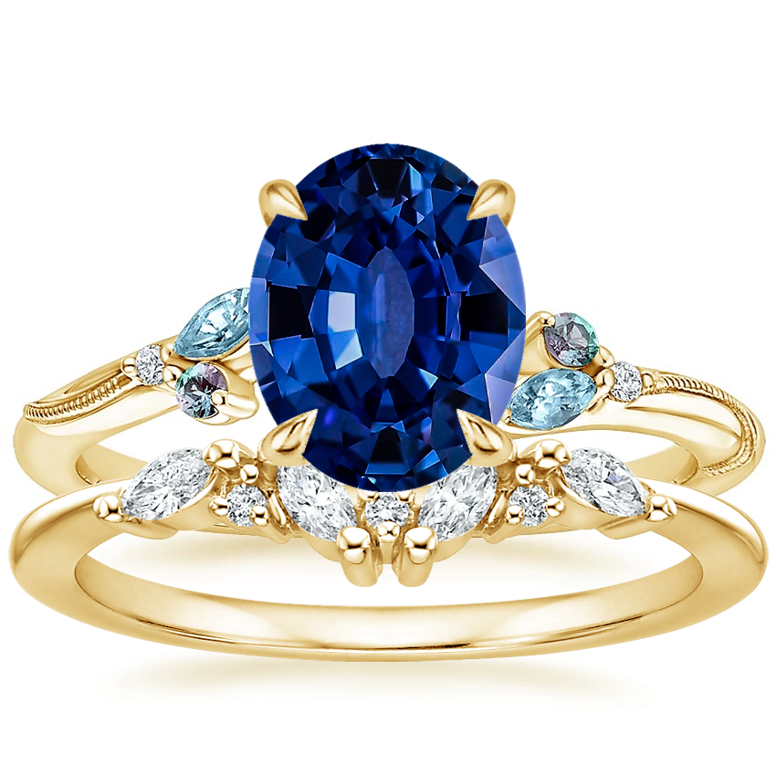 14K Yellow Gold Camellia Indigo Milgrain Ring with Yvette Diamond Ring