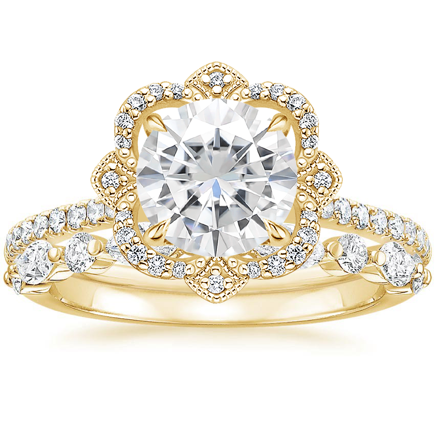 18KY Moissanite Reina Diamond Ring with Versailles Diamond Ring (3/8 ct. tw.), top view