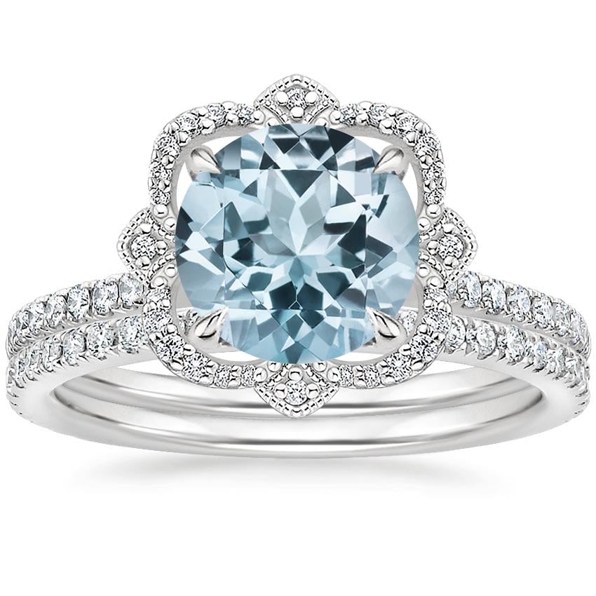 18KW Aquamarine Reina Diamond Ring with Luxe Ballad Diamond Ring (1/4 ct. tw.), top view