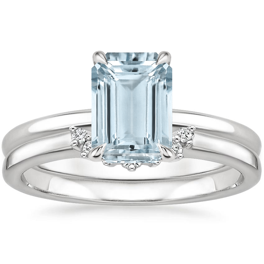 18KW Aquamarine Elodie Ring with Crescent Diamond Ring, top view