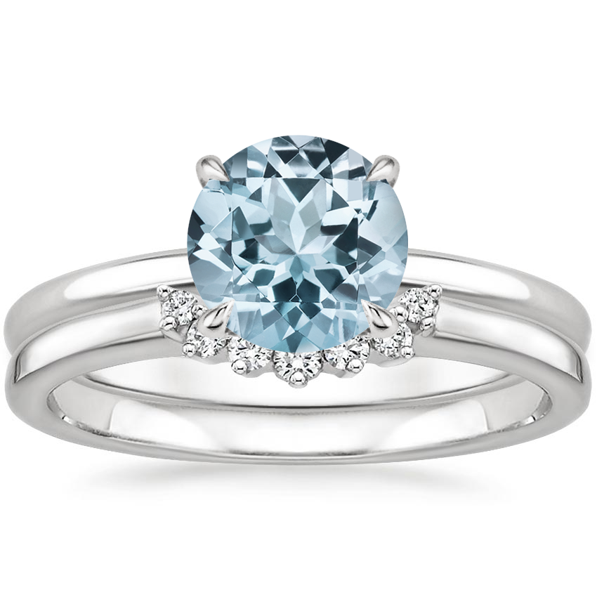 18KW Aquamarine Elodie Ring with Crescent Diamond Ring, top view