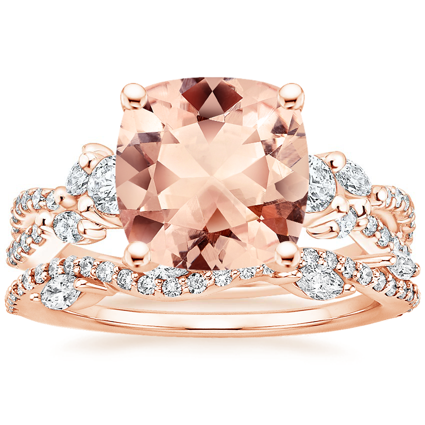 14KR Morganite Three Stone Luxe Willow Diamond Ring with Luxe Winding Willow Diamond Ring, top view