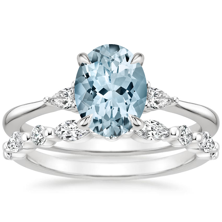 18KW Aquamarine Aria Diamond Ring (1/10 ct. tw.) with Versailles Diamond Ring (3/8 ct. tw.), top view