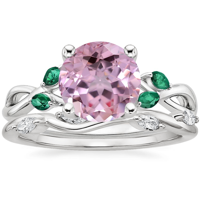 18K White Gold Willow Ring With Lab Emerald Accents with Winding Willow Diamond Ring (1/8 ct. tw.)