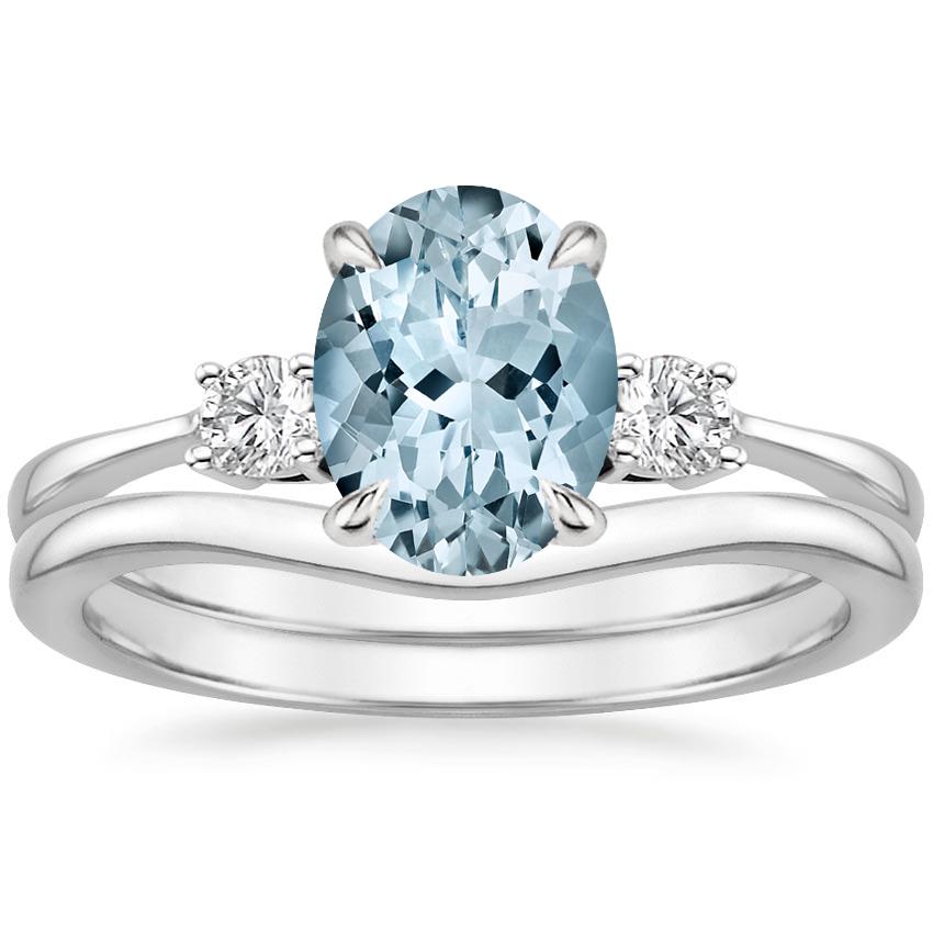 PT Aquamarine Selene Diamond Ring (1/10 ct. tw.) with Petite Curved Wedding Ring, top view