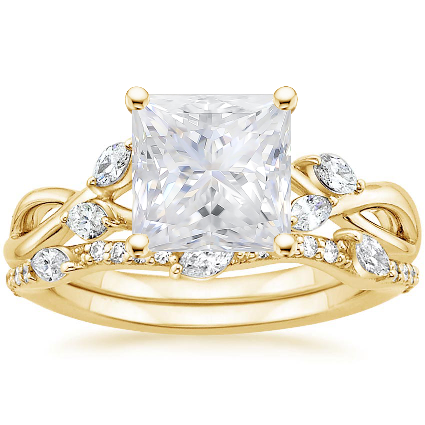 18KY Moissanite Willow Diamond Ring (1/8 ct. tw.) with Luxe Willow Diamond Wedding Ring (1/5 ct. tw.), top view