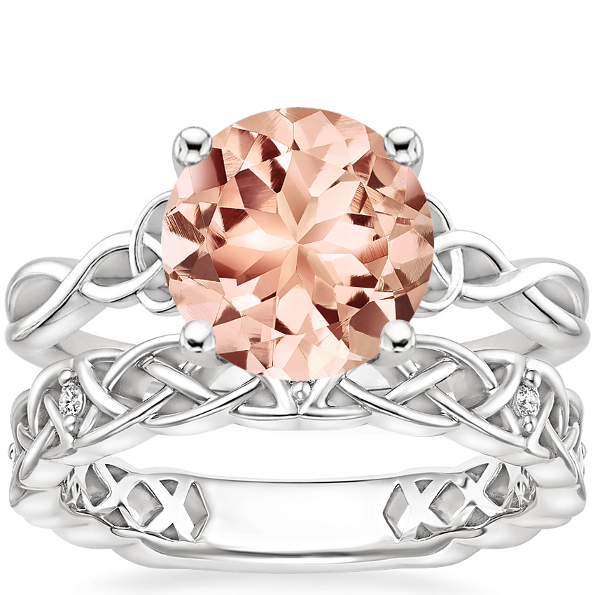 18KW Morganite Entwined Celtic Love Knot Ring with Celtic Knot Diamond Ring, top view
