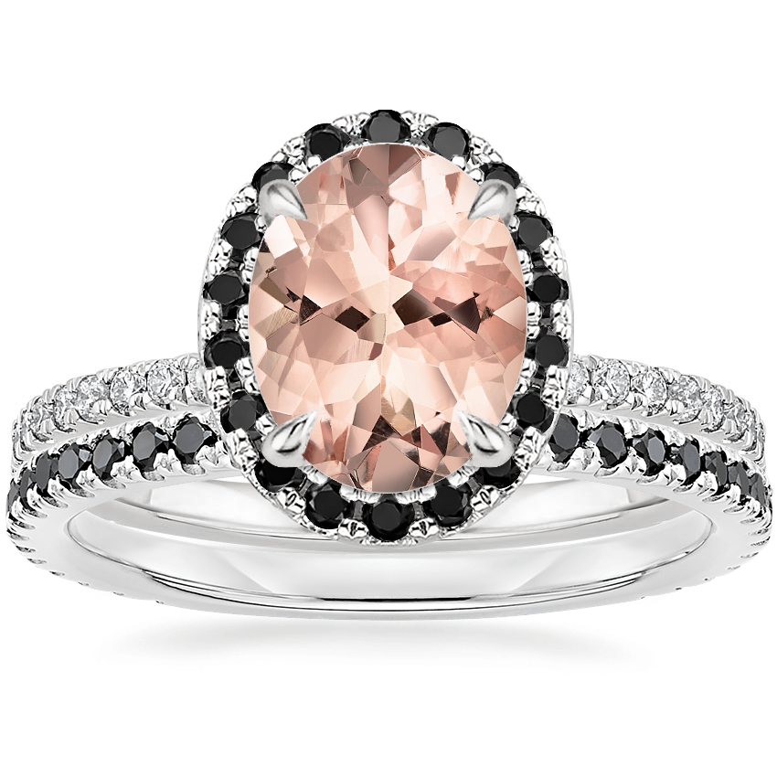 18KW Morganite Waverly Diamond Ring with Black Diamond Accents with Luxe Ballad Black Diamond Ring, top view