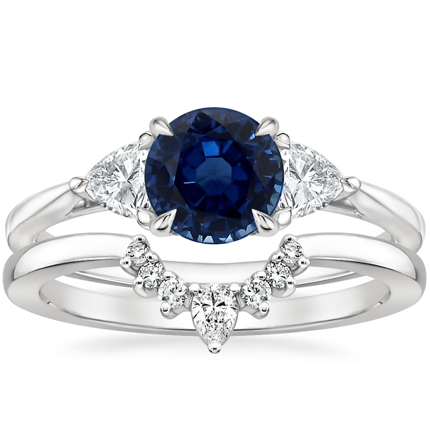 18K White Gold Luxe Trillion Cut Three Stone Diamond Ring with Lunette Diamond Ring